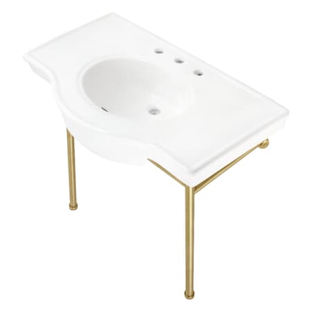 Fauceture 37" Ceramic Console Sink with Stainless Steel Legs, White/Brushed Brass VPB28140W8BB